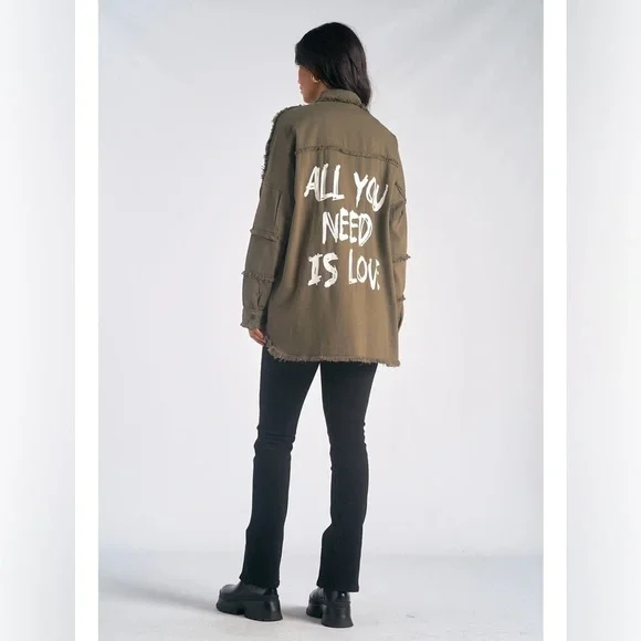 NWT Elan Dawn All You Need Is Love Distressed Jacket/Shacket Olive Green Medium - Picture 2 of 10